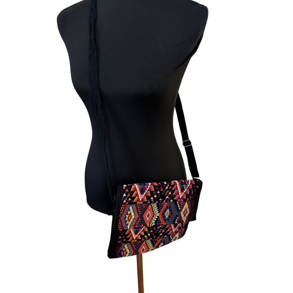 Cotton Black Crossbody Bag Multicolor Geometric Adjustable Strap Guatemalan - Picture 1 of 7